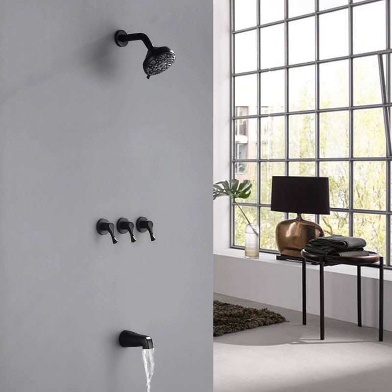 5 Inch Wall Mounted Tub Shower System 3 Handle Shower Faucet Set 6 Spray Brass Shower Trim Kit With Rough-In Valve