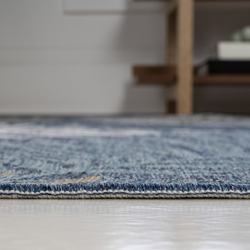 Gryta Coastal Casual Palm Frond Reversible Machine-Washable Cream/Navy Indoor/Outdoor Rug, Rectangle 7'9" x 10'