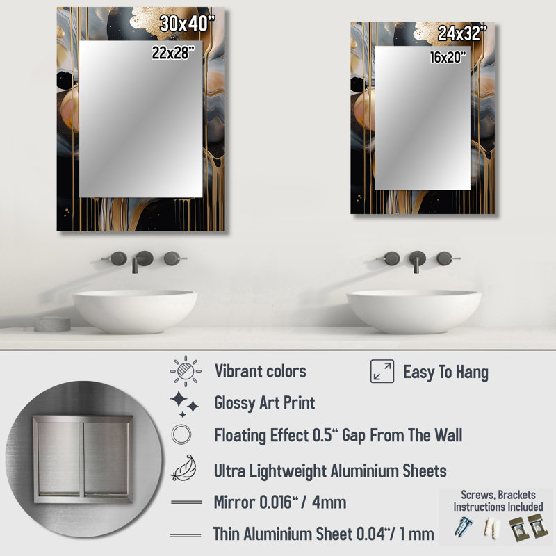 Gold And Black Marbled Euphoria V - Marble Large Wall Mirror, Modern Decorative Mirror, Printed Metal Art, 40" x 30"