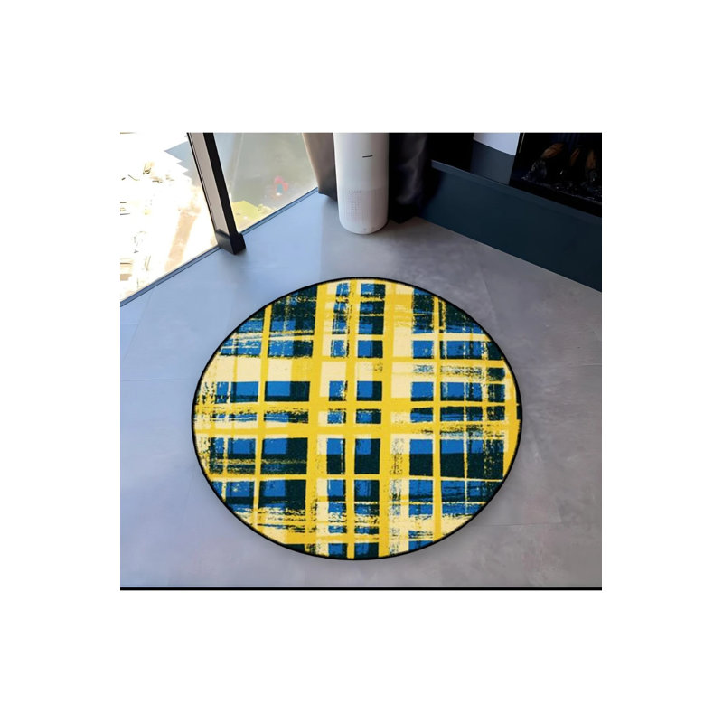Yellow And Navy Blue Plaid Detailed Woven Base Modern Decorative Carpet, Round 4'