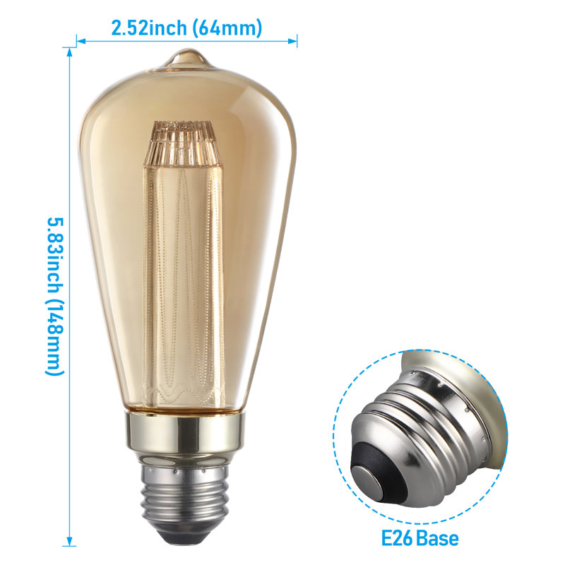 Ampoules DEL ST64 de style Edison vintage 3 W (équivalent 40 W), ampoules décoratives à intensité variable, verre ambré 2000 K, pour suspensions et lampadaires, culot E26.