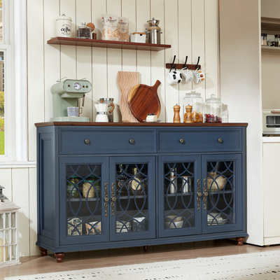 Farmhouse Sideboard Buffet Cabinet With Storage,59" Large Credenza With 4 Glass Doors & 2 Drawers,Adjustable Shelves Console Table,Wood Kitchen Coffee Bar For Dining Room,Living Room