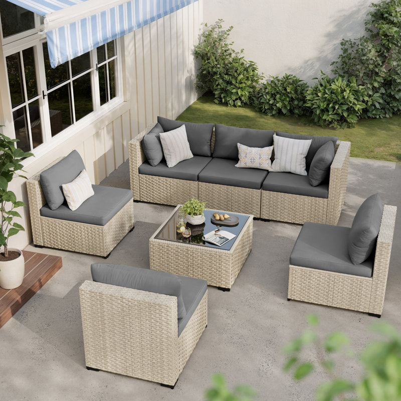 7 Piece Patio Conversation Set with Coffee Table and Cushions, Grey