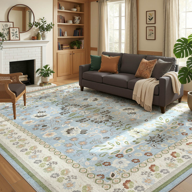 Washable Floral Boho Area Rug Modern with Non-Slip Backing for Living Room Bedroom-Blue, Rectangle 9' x 12', Blue