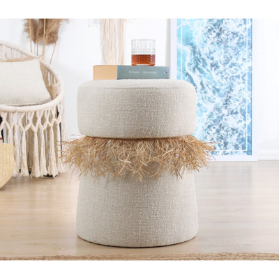 Repose-pieds bohémien de couleur crème, 15,4 po de diamètre x 19,7 po de hauteur | 50% coton / 50% velours, pieds cachés recouverts de PVC, 35 éponges orthopédiques, style élégant et confortable pour un décor du Sud-Ouest