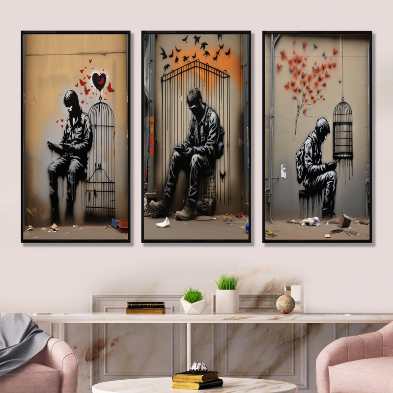«Black Urban Solitude Pop Street Art I», ensemble de 3 impressions d'art mural Pop Art, Cadre flottant noir
