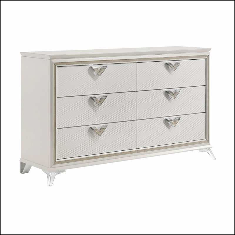 Commode à 6 tiroirs au fini blanc antique avec accents dorés, durable et élégante pour les chambres de luxe modernes