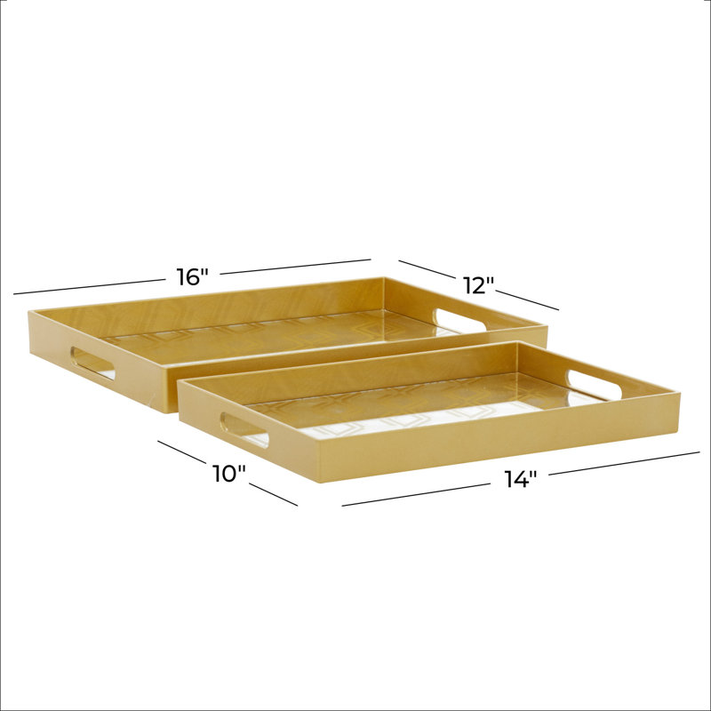 Plastic Mirrored Geometric Decor Gold Tray Set, 1.7"H x 11.8"W x 15.7"D / 1.6"H x 10"W x 13.9"D