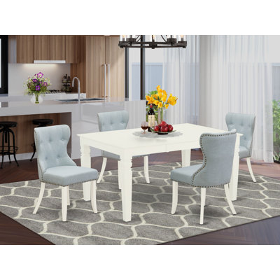 5 Piece Dining Room Table Set Includes a Rectangle Wooden Table with Butterfly Leaf and 4 Baby Blue Linen Fabric Upholstered Chairs, Linen White