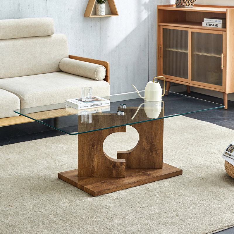 Rectangular tempered glass tabletop dining table, Natural Wood
