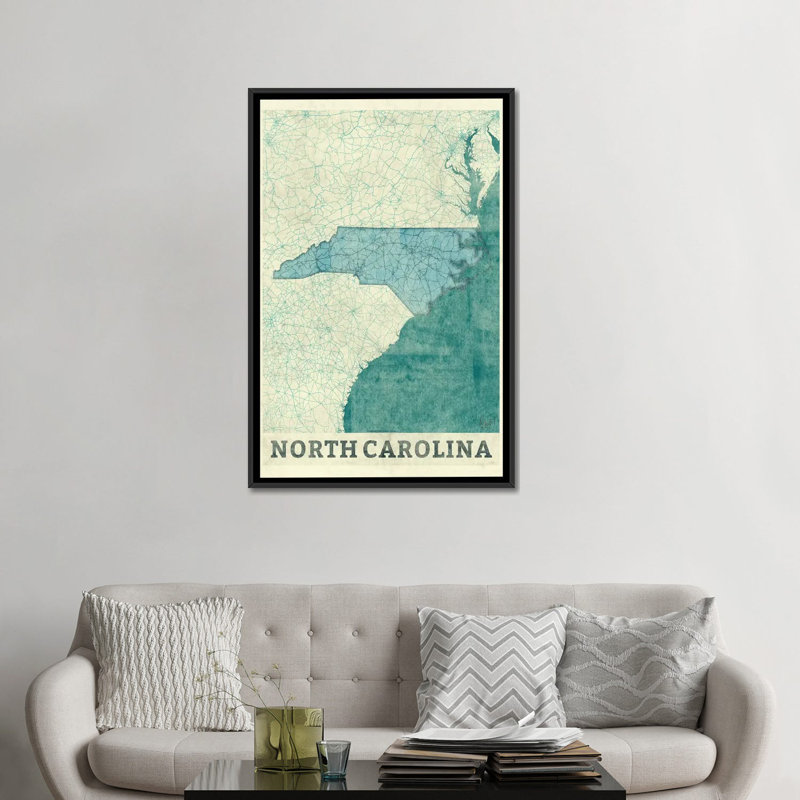 " North Carolina Map " by Hubert Roguski, 26" H x 18" W x 1.5" D, Black Framed Canvas, No Mat