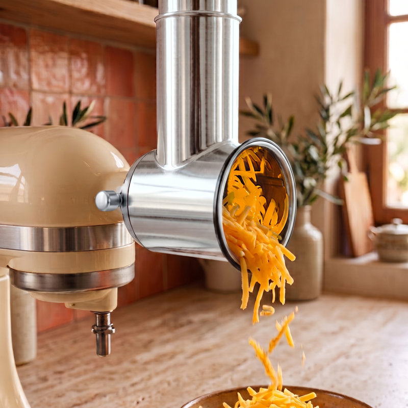 Hachoir à viande en métal compatible avec les batteurs sur socle KitchenAid®, 4 plaques à hacher, 3 tubes à saucisse, 2 pales, la brosse de nettoyage
