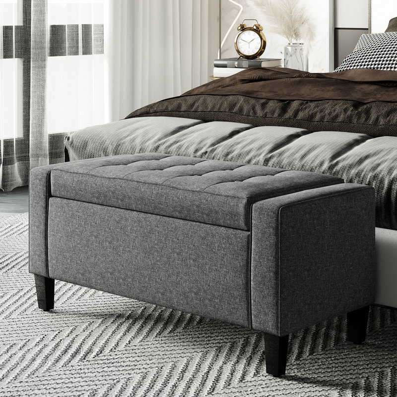 Banc de rangement rembourré en lin gris, plateau relevable et bouton pour l'espace de vie, tabouret de pieds polyvalent, banc de lit avec grand espace de rangement, unité fonctionnelle
