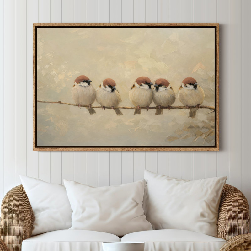 Art mural encadré, charmants moineaux assis sur une branche dans des tons neutres doux - 16 po x 24 po, 24 po x 36 po