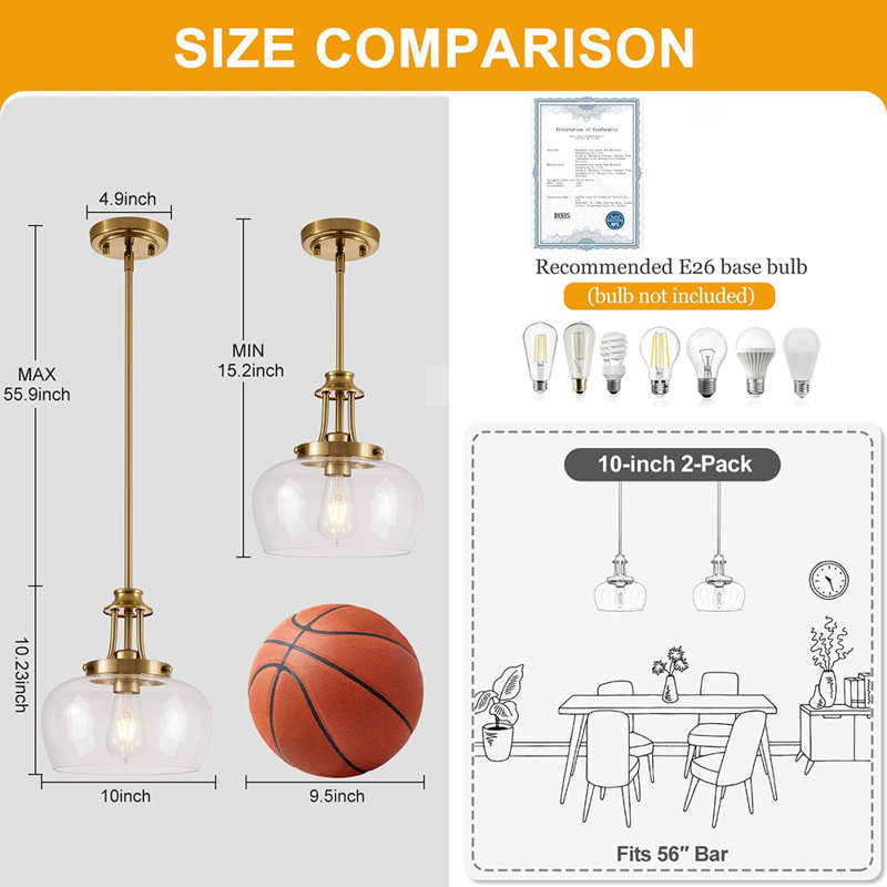 Lampe suspendue 10 "en verre bullé