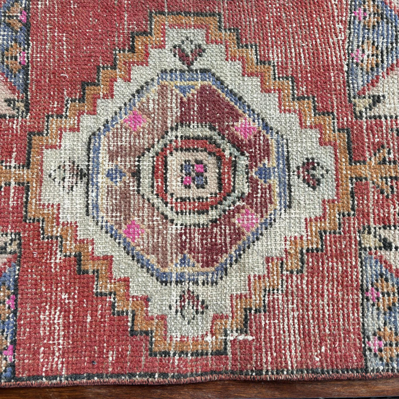 Vintage Red Turkish Oushak Rug with Fringe Suited for Elegant Entryways and Door Mat Use in a Cozy Small Size