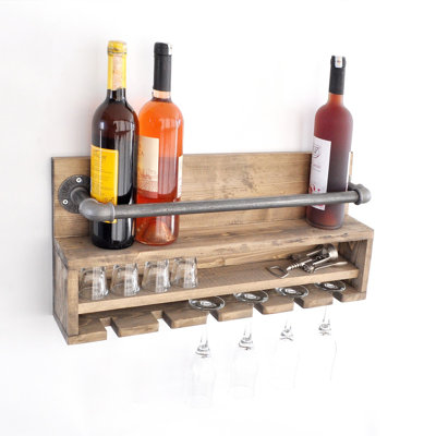 Support à vin mural fait à la main en bois rustique et industriel avec porte-verres à pied