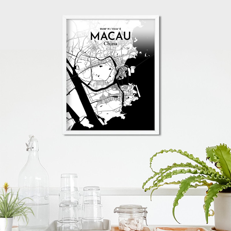 Macau, carte de la ville, impression, Noir / blanc, H 20 po x l 16 po