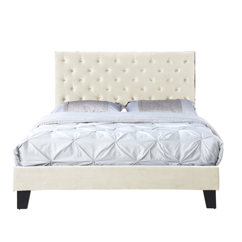 Lit plateforme tapissier à profil bas Daisy-Rae, Grand, Beige