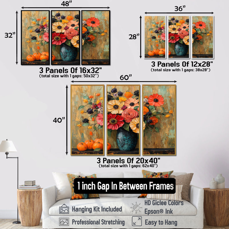 Ensemble de salon art floral orange et rose Harvest Delights - Fleurs, Toile avec cadre flottant noir