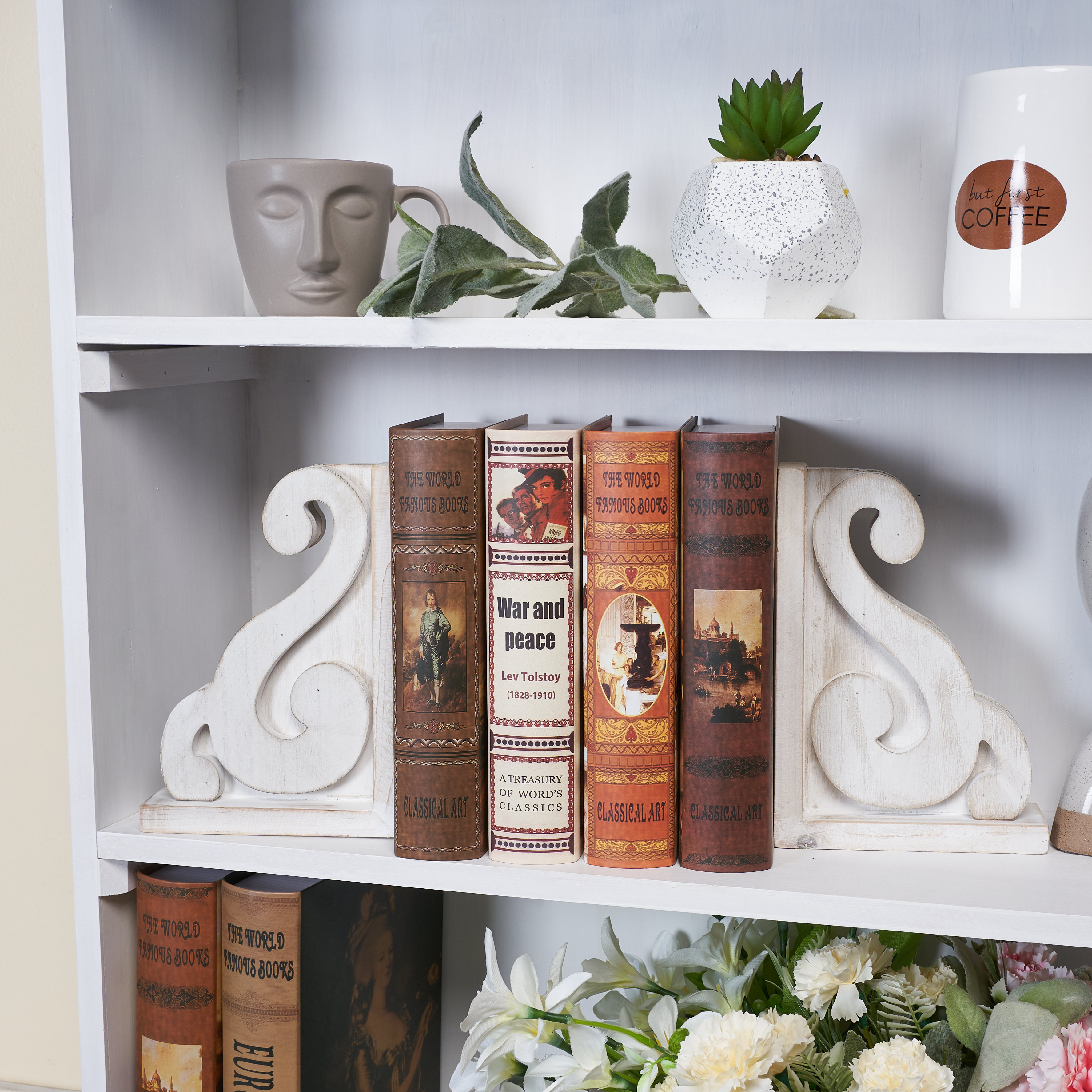 One Allium Way® 2 Piece Rustic Distressed Vintage Scroll White Wooden Decorative Bookends & Reviews | Wayfair