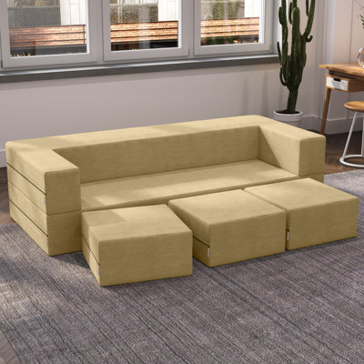 Shontae Zipline Boneless Convertible Compression Sleeper Sofa, Three Ottomans, & Pillows / California King-Size Bed, Textured Microvelvet