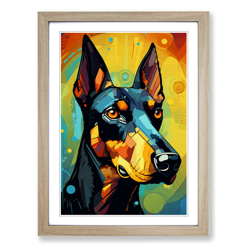 Doberman Futurism - Single Picture Frame Print on Wood, Oak Framed, 46cm H x 34cm W