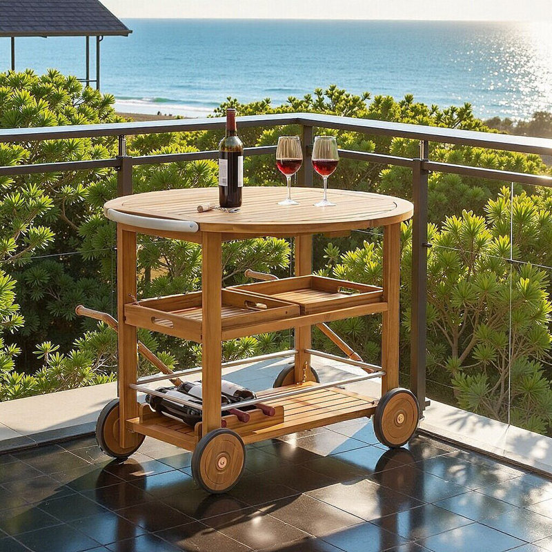 Chariot-bar d'extérieur en bois d'acacia avec plateau pliable et plateaux amovibles pour patio