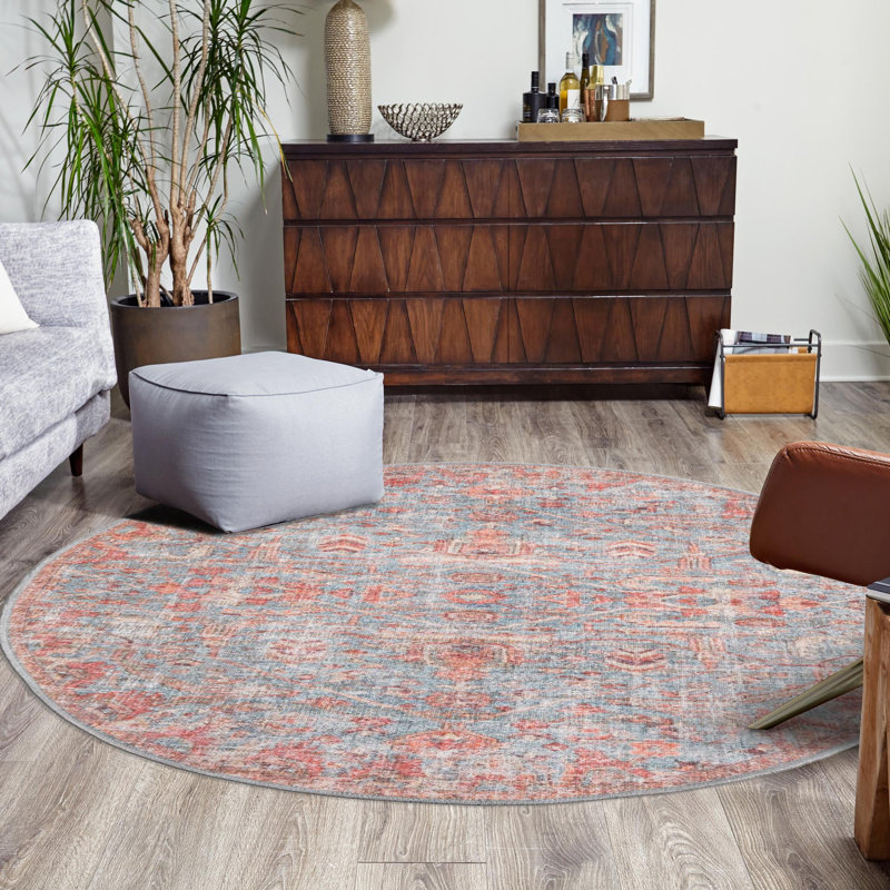 Tapis floral bleu / corail Guzik, Rond 7 pi 10 po
