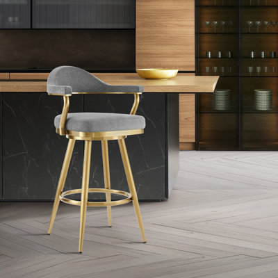 Dinora Modern Swivel Counter or Bar Height Bar Stool with Arms and Open Back in Fabric and Metal Frame