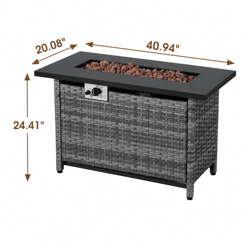 Table de foyer d'extérieur au propane de 41 pouces, table de foyer d'extérieur en osier 2 en 1 avec couvercle, table de foyer d'extérieur rectangulaire certifiée Csa de 60 000 Btu pour terrasse, porche, cour arrière, housse de pluie et pierre de lave incluse, gris