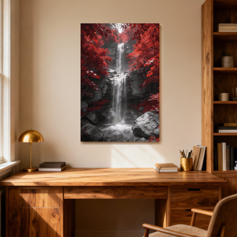 Plantes et fleurs, feuilles rouges, cascade, paysage noir et blanc