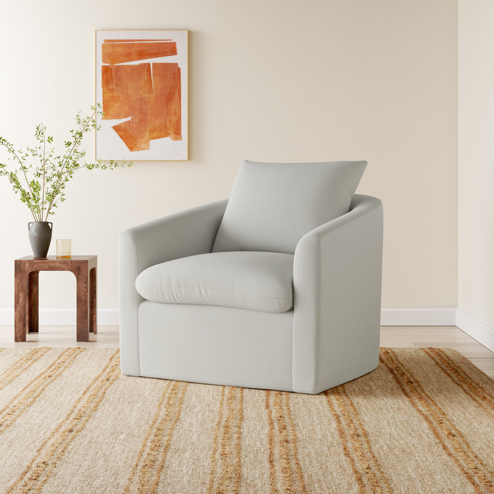 Menta Pine Swivel Barrel Chair, Flanigan Cotton