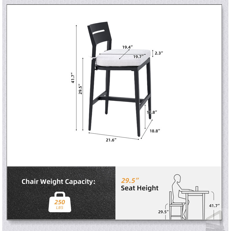 Tabourets de bar d'extérieur modernes en aluminium 2PC avec dossier ergonomique, pieds fuselés, repose-pieds et coussin Sunbrella pour le jardin et la piscine
