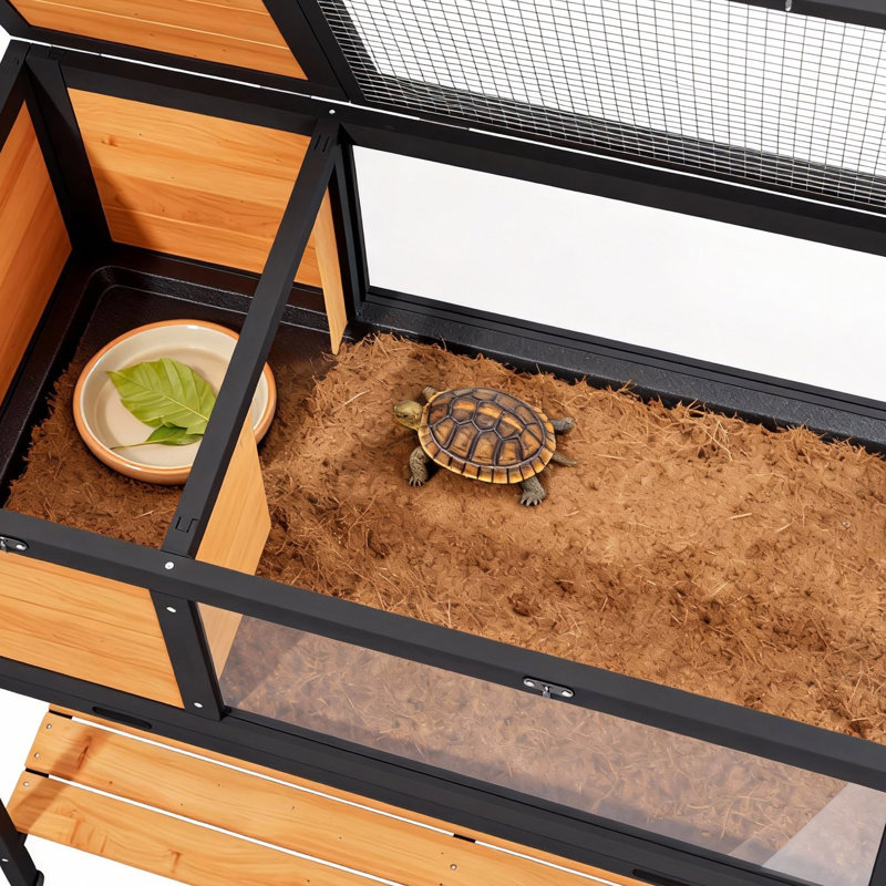Cage à tortues mobile surélevée avec support de lampe, cage à reptile avec plateau étanche et tablette de rangement inférieure, jaune