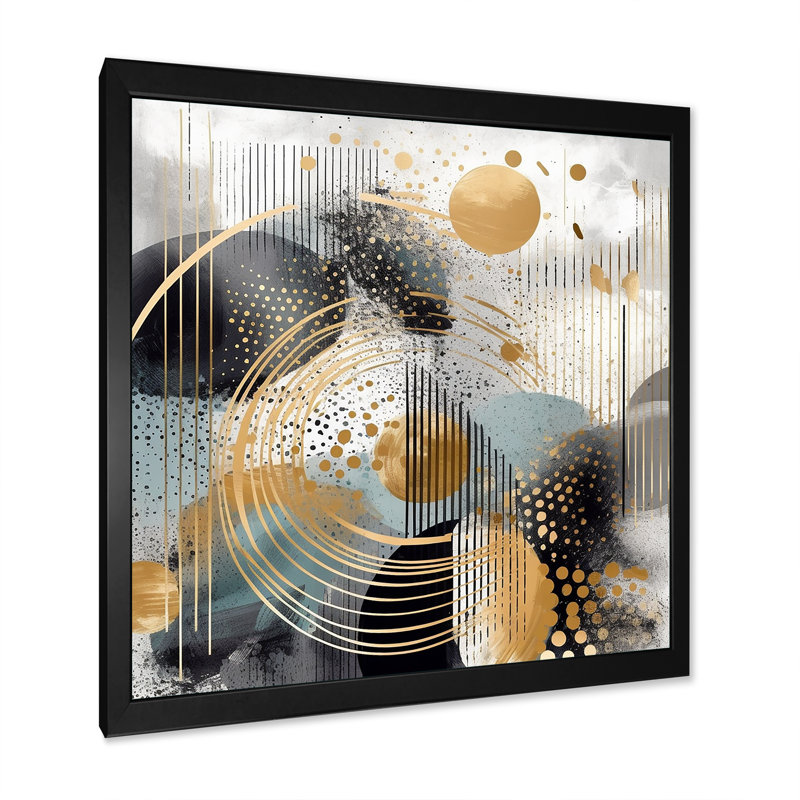 Or et gris, formes modernes, minimalisme II - décoration murale abstraite, H 36 po x l 36 po x P 1,5 po, Cadre simple noir