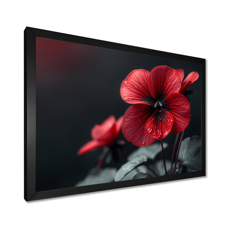 Fleurs rouges rouges et noires en verre - Art mural pensées, Cadre noir, H 16 po x l 32 po