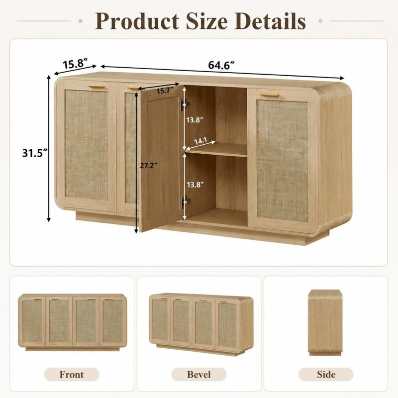 Buffet de rangement en rotin à 4 portes, inserts en rotin tressé, base robuste, système anti-basculement, panneaux imperméables, coins anticollision, rangement fermé, poignées en métal