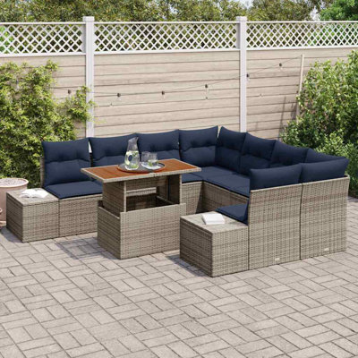  Ensemble repas de jardin avec coussin manuel 9 pièces gris et bleu marine