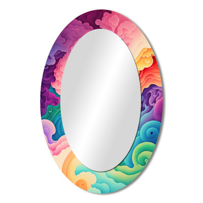 Multicolor Swirly Clouds II - Pink Modern Oval Wall Mirror