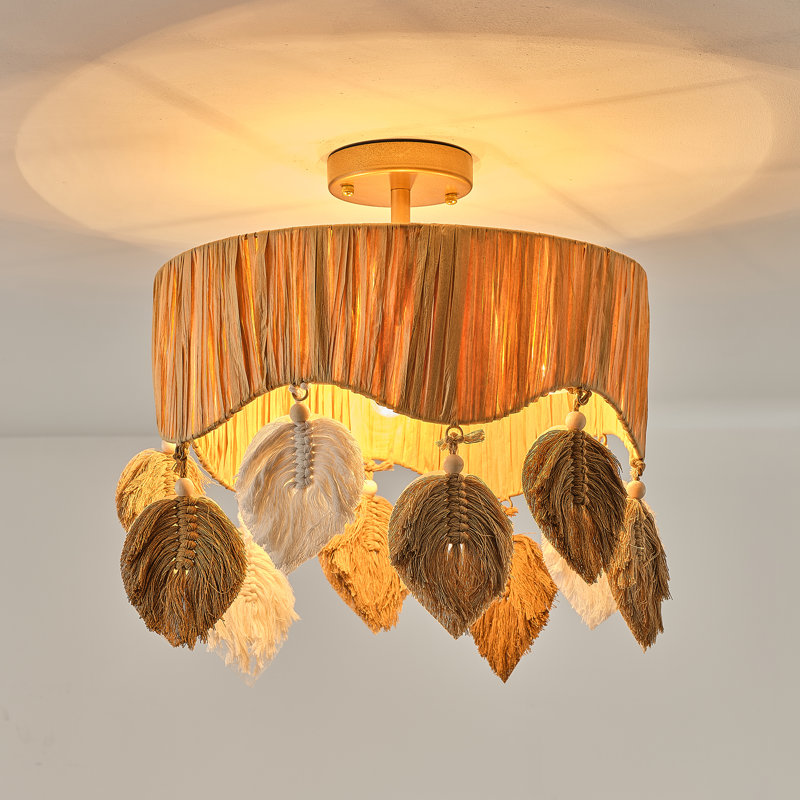 Plafonnier semi-encastré cylindrique à intensité variable 4 lumières 16 "Boho avec pampilles, métal doré et abat-jour en raphia, luminaire moderne organique décoratif