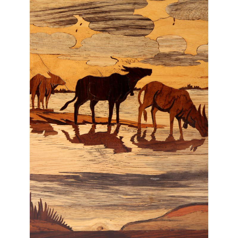 Hand-Carved Rural Scene 3D Wood Inlay Wall Art, 19-Inch Rustic Farmhouse Panel with Bull at Lake