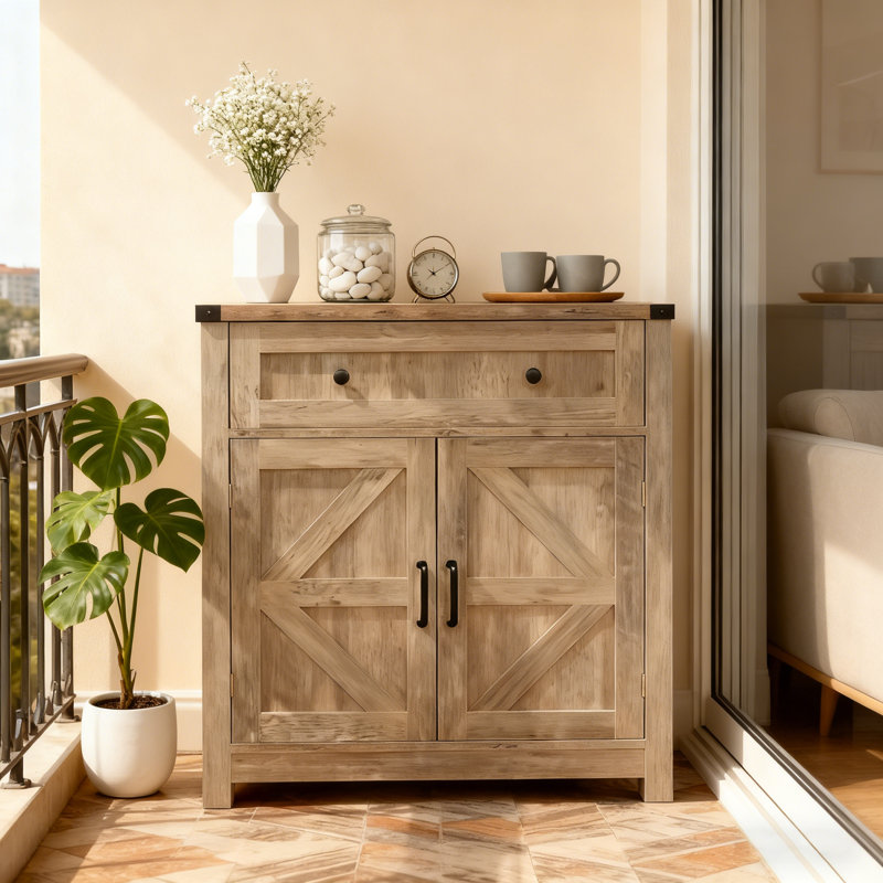 Farmhouse Sideboard Buffet With Barn Door And Drawer, Rustic Coffee Bar Cabinet With Storage For Kitchen, Living Room And Entryway
