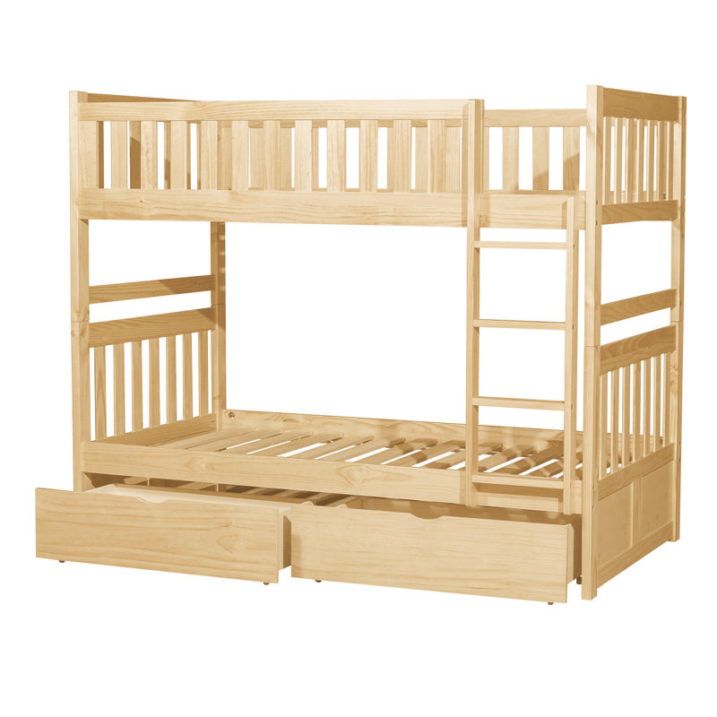 Lit superposé simple au-dessus de simple avec boîtes de rangement Finition en pin naturel Échelle robuste Mobilier de chambre à coucher transitionnel en bois 1pc