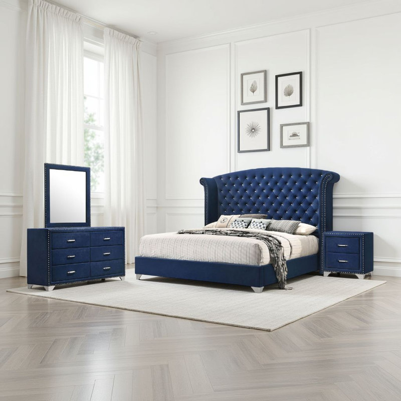Ensemble de chambre à coucher 4 pièces Giya, Bleu pacifique, chrome, Queen