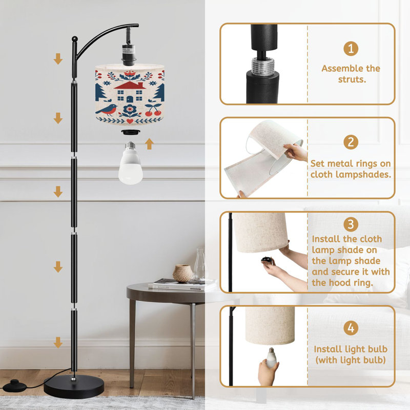  Arc Floor Lamp Finnish inspired folk art Scandinavian Nordic style Tall Modern Standing Lamp LED Adjustable Linen Lampshade 3 Color Temperatures