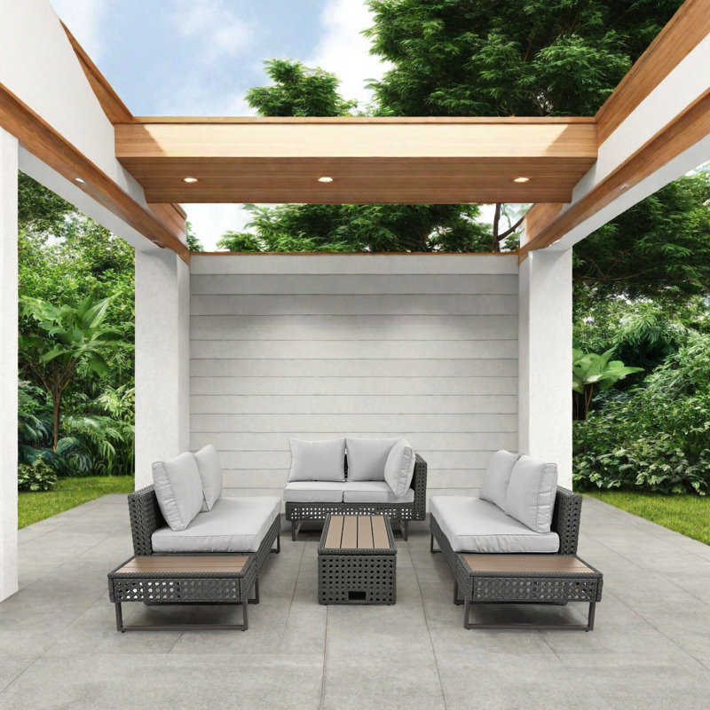 Outdoor Patio Sofa Set With Adjustable Reclining Backrest, Extendable Coffee Table With Ice Bucket, And Plush Cushions Weather-Resistant Wicker Sectional Sofa For Garden