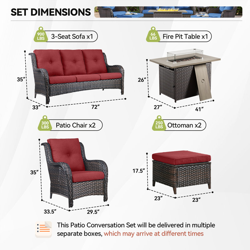 Wendye 6-Piece Outdoor Furniture Sofa Set With 2 Patio Chairs, 2 Ottomans & 55K BTU Fire Pit Table, Red, Brown