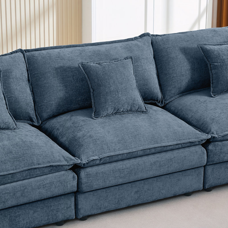 3-Seater Comfy Cloud Couches with Movable Ottoman, Blue