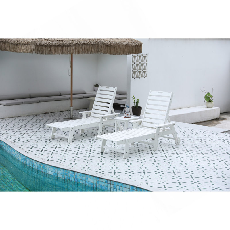 Lounge Chair With Side Table, 3-Piece Oversized Chaise Lounge Chair Setwith Wood Texture,White, All Weather Patio Lounge Chair With 5 Positions,Wheels &Cup Holder(Include 2Lounge Chairs And 1Table)